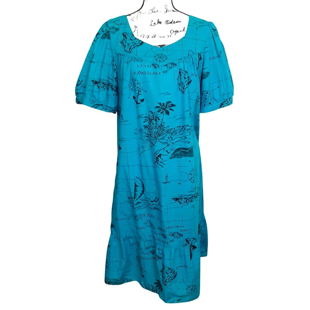 Vintage 80s Hawaiian House Dress Tropical Ocean Nautical Map MuuMuu Womens M